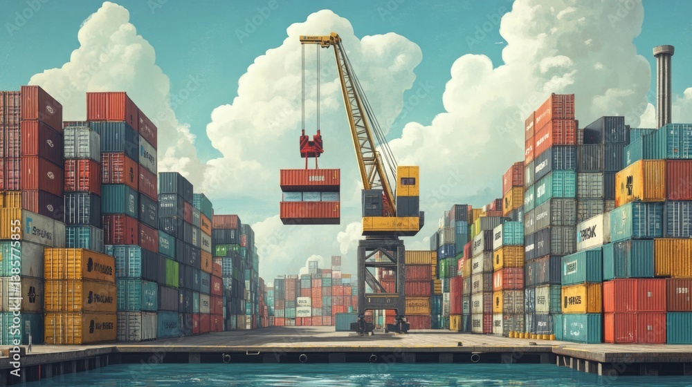 Poster shipping container loading action at industrial port skyline view animation environment for supply c