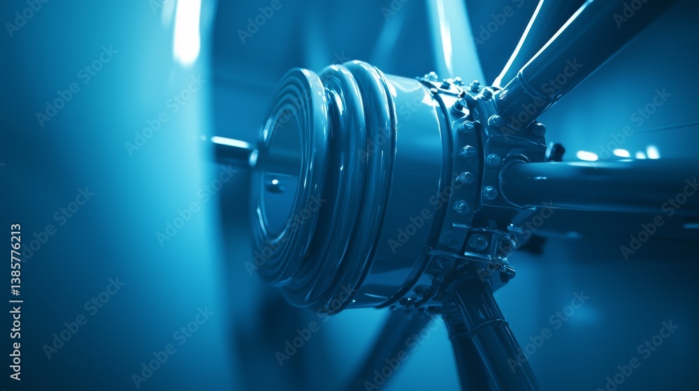 Poster close-up view of a mechanical part in blue lighting.