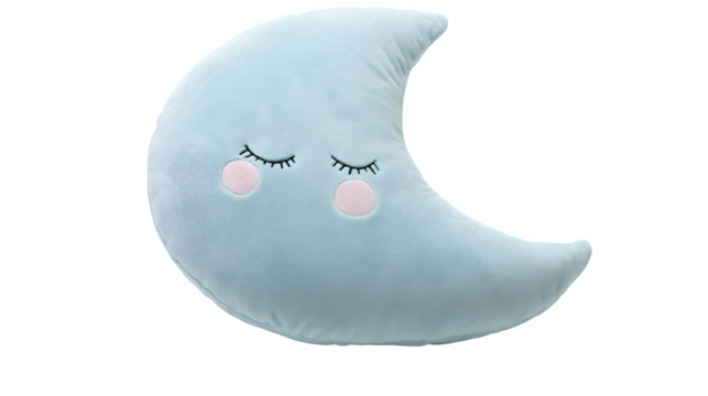 Moon-shaped decorative pillow, soft plush texture, pastel color,