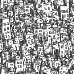 Hand-drawn Urban Cityscape with Packed Buildings and Structures