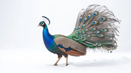 Obraz premium Majestic peacock displaying vibrant feathers natural habitat wildlife photograph bright environment side view beauty of nature