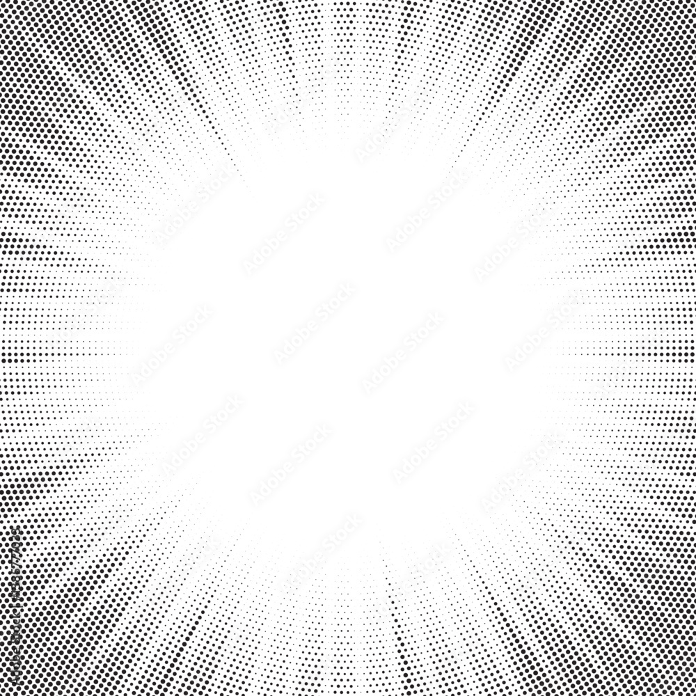 Poster Halftone gradient sun rays pattern. Abstract halftone vector dots background. monochrome dots pattern. Vector background in comic book style with sunburst rays and halftone. Retro pop art design.