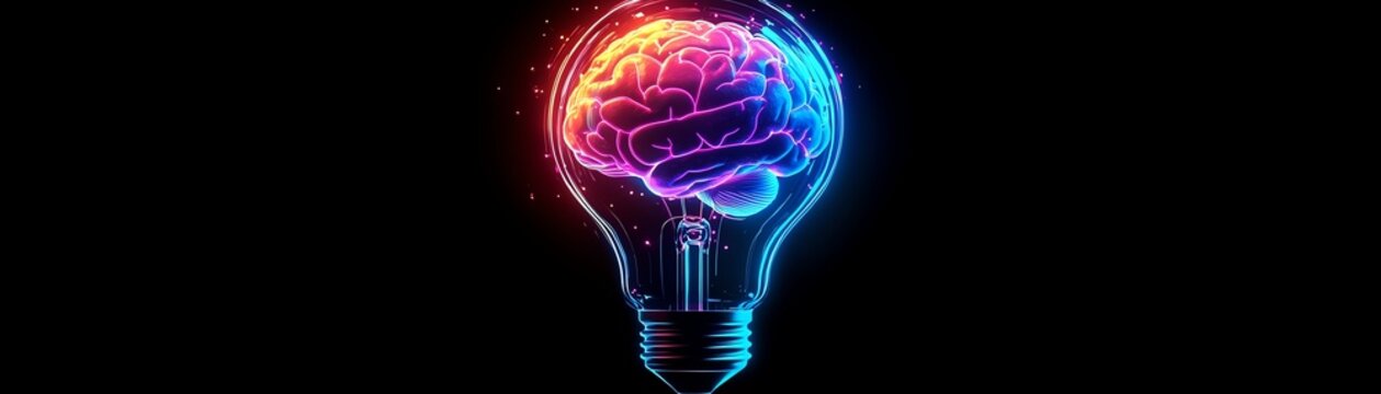 Lightbulb exploding in neon colors, with a visible human brain inside, highquality wallpaper background, dynamic and creative digital art style