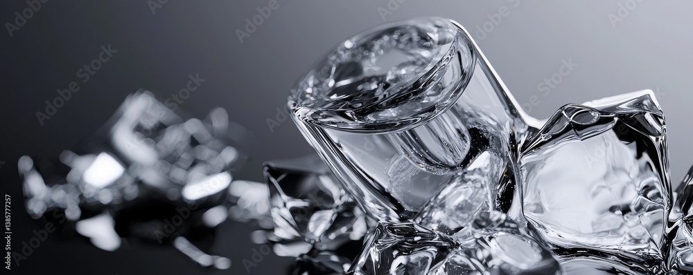 Poster close-up view of ice cubes on a dark reflective surface.