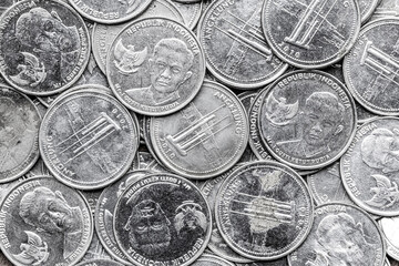 Pile of Indonesian 1000 Rupiah Coins. Reverse view of Indonesian Rupiah Coins in Close-Up