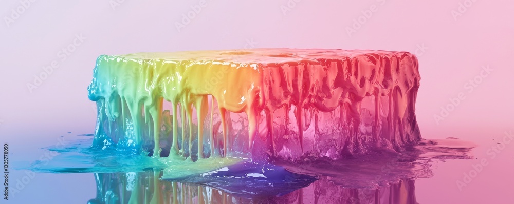 Poster colorful liquid dripping from a glossy block on a soft gradient.