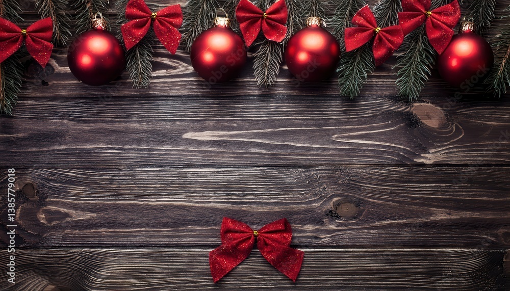 Poster top view of red christmas ornaments and bows with pine branches on rustic dark wood background for holiday design projects

