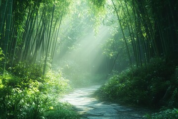 Fototapeta premium Sunlight shining through tall bamboo forest 