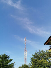 View of cell phone and radio transmitters telecommunication tower