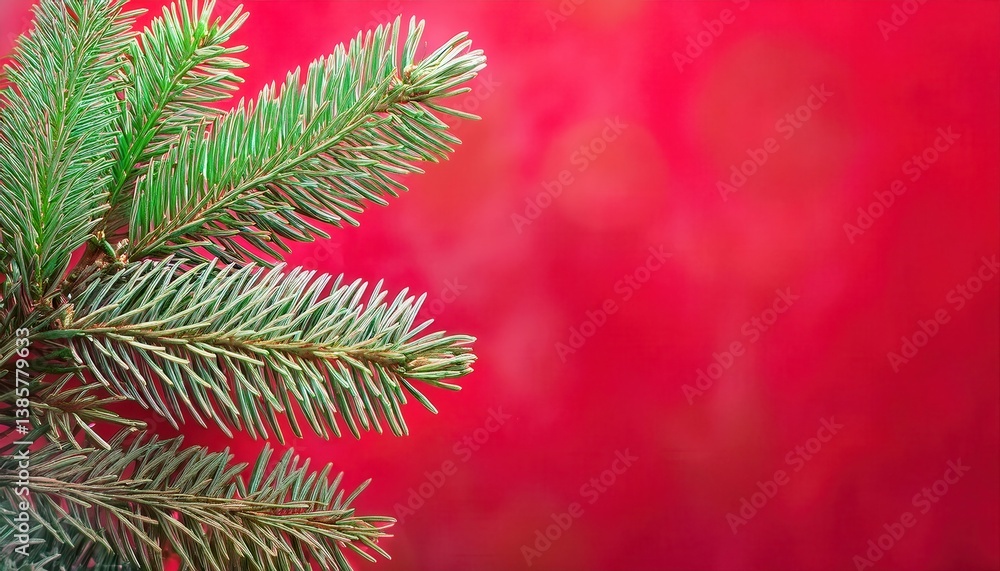 Poster close-up of green fir tree branch on red blurred background with bokeh, ideal for christmas greeting card design
