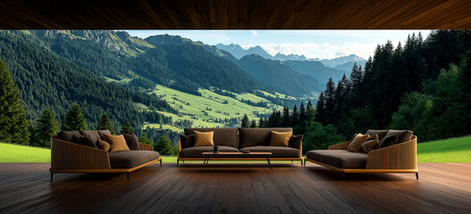 modern wooden terrace features stylish outdoor furniture, overlooking breathtaking mountain landscape with lush greenery and distant peaks