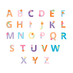 Alphabet with Flowers Simple flat Vector Design Set Colorful Isolated in White