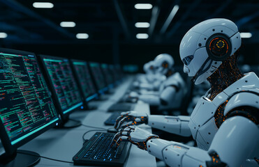 Humanoid robots working in call center, focused on screens, showcasing advanced technology and automation. scene reflects futuristic workspace with multiple robots