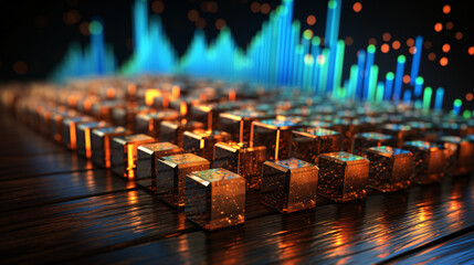  Professional stock market analysis concept with interactive features, highlighted by a golden and blue wallpaper background.