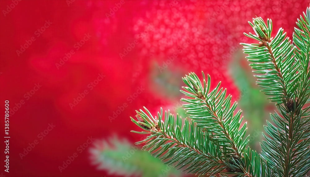 Poster close-up of green fir tree branch on red blurred background with bokeh, ideal for christmas greeting