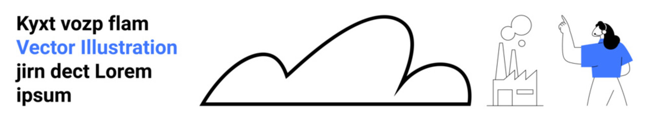 Woman gesturing toward clouds and factory emitting smoke, emphasizing environmental awareness, pollution, climate change, sustainability. Ideal for education, ecology, activism, presentations blogs