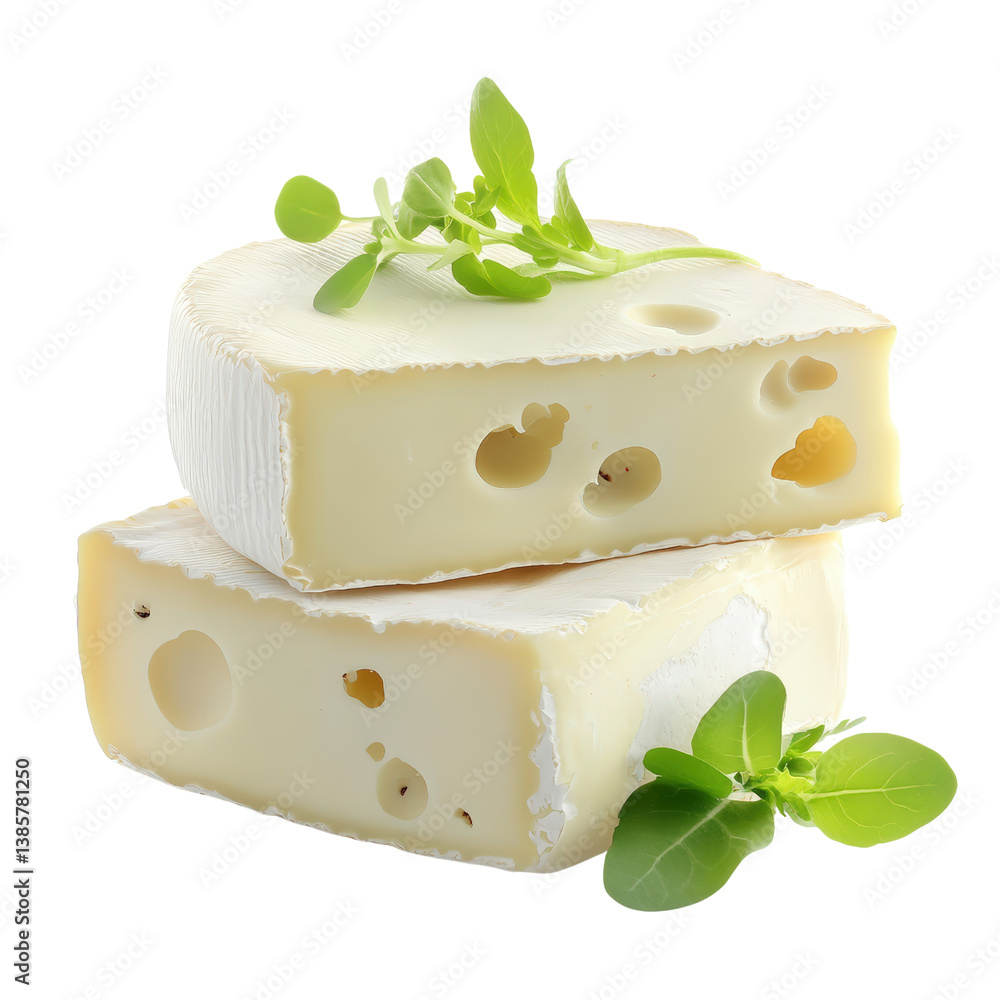 Poster two pieces of cheese garnished with fresh basil leaves creating a delicious and appetizing culinary 