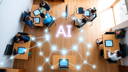 AI-Powered Learning: Students Using Digital Devices in a Smart Classroom, Futuristic Education: Artificial Intelligence in a Modern Classroom Setting, Technology in Education: Students Connected Throu