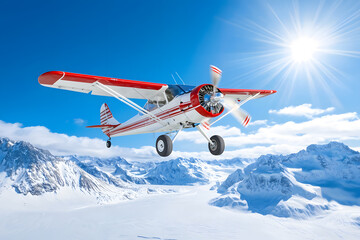 Naklejka premium A vintage airplane flying over snowy mountains