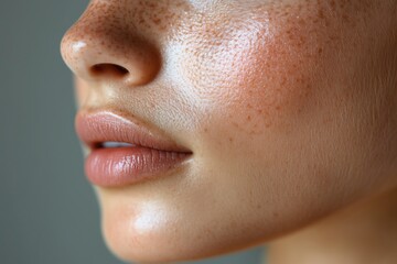 Fototapeta premium Close-up of a woman’s face with freckles, showing natural skin texture, pores, and fine details in high resolution.