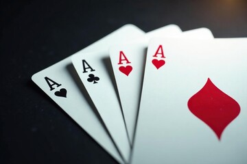Obraz premium Four aces fanned out, showcasing the card details and pattern , royal flush, play, diamond