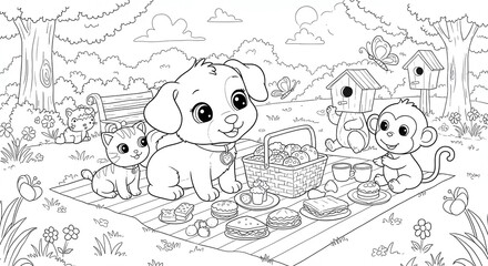 Cartoon Animals Enjoying a Picnic in the Park Coloring Page