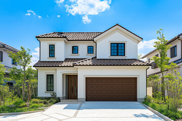 Fototapeta premium newly built two story residential house with modern design, featuring brown garage door, large windows, and landscaped front yard under bright blue sky