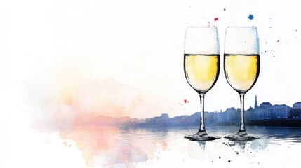 Champagne glasses at twilight with river view, rich details, soft lighting, sepiatone oil painting aesthetic chaos