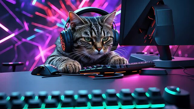 A cute gaming cat with headphones focused on the computer keyboard, surrounded by vibrant neon lights and a futuristic gaming setup.

