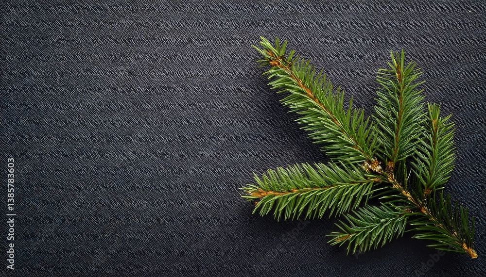 Poster close-up of green fir tree branch on black textured canvas background for elegant christmas, winter 