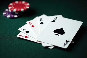 Obraz premium Four aces spread on a surface, showcasing a classic poker hand , game, detail, close-up