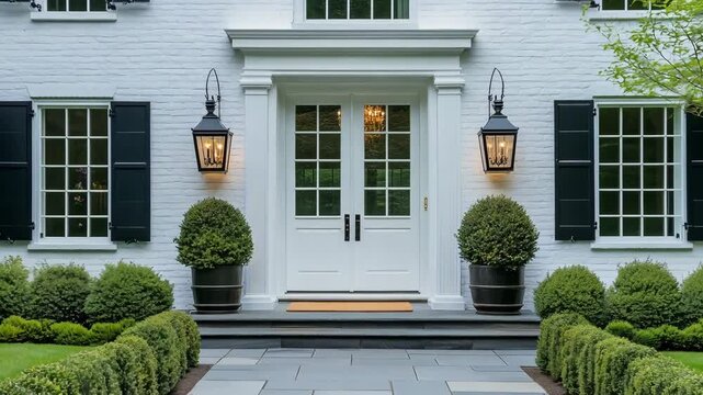 The front entrance features classic architecture with potted plants, window shutters, and a stylish pathway leading to the door