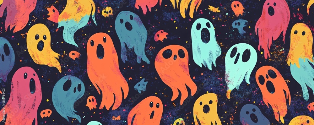 Poster Seamless pattern of colorful ghosts floating against a dark background with colorful speckles