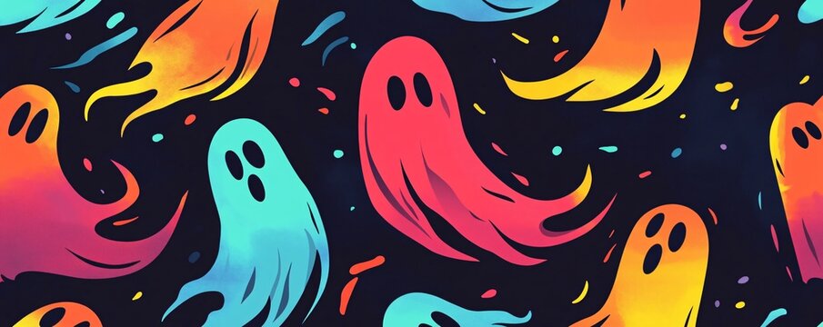 Seamless pattern of colorful ghosts floating on dark background, perfect for halloween projects - Powered by Adobe