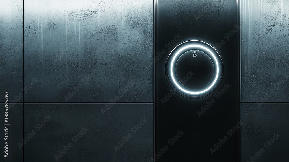 Poster futuristic control panel with glowing circular interface design.