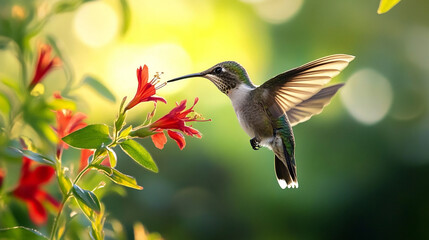 Naklejka premium A hummingbird hovers near a bright red flower, sipping nectar in the warm sunlight.