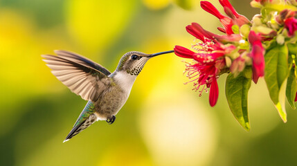 Naklejka premium A hummingbird hovers near a bright red flower, sipping nectar in the warm sunlight.
