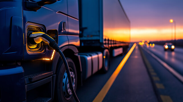 Close up of electric truck charging at station during sunset, showcasing transition to sustainable transport. scene captures future of logistics and eco friendly technology