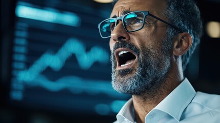 A stock trader reacting to a volatile stock market graph, with sharp movements signaling a bullish breakout