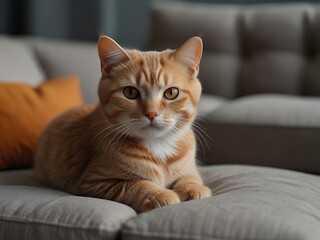 Cute red scottish fold cat with orange eyes lying on grey textile sofa at home. Soft fluffy purebred short hair straight-eared kitty. Background, copy space, close up