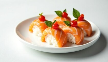 Fresh sushi platter, minimalist white backdrop, vibrant colors, food art