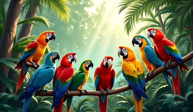 A group of colorful parrots perched on a branch in a lush jungle scene