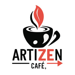 Detailed Logo Design for 'ARTIZEN CAFÉ,' Emphasizing Freshness and Creativity with a Teacup, Rising Steam, and an Arrow Graphic