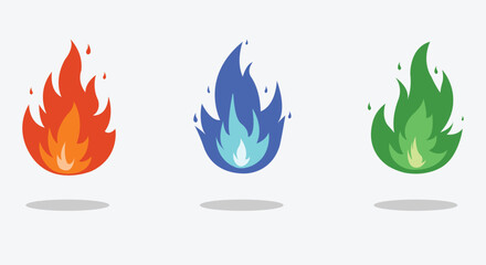 Red, blue, green fire flames icon set. Fire flames. Flame icons. Set of vector simple fire flame. Collection of hot flaming element for asset, cartoon, design, poster, illustration