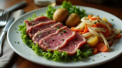 Fototapeta premium A white plate topped with meat and vegetables on a wooden table.