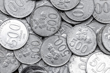 Pile of Indonesian 500 Rupiah Coins. Obverse view of Indonesian Rupiah Coins in Close-Up