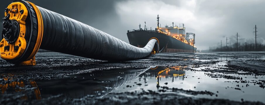 Oil transfer operation at a port with a ship and hose.