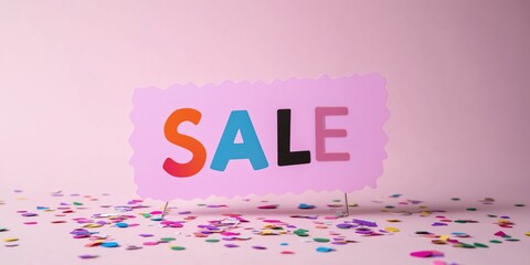 Colorful sale sign with confetti on pastel pink background