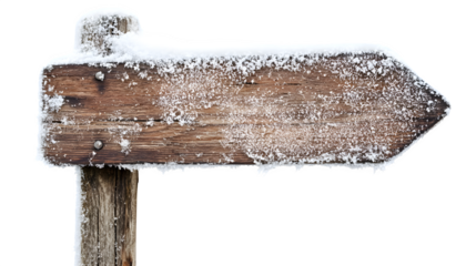 Wooden signpost in snow, frosty details, winter theme,