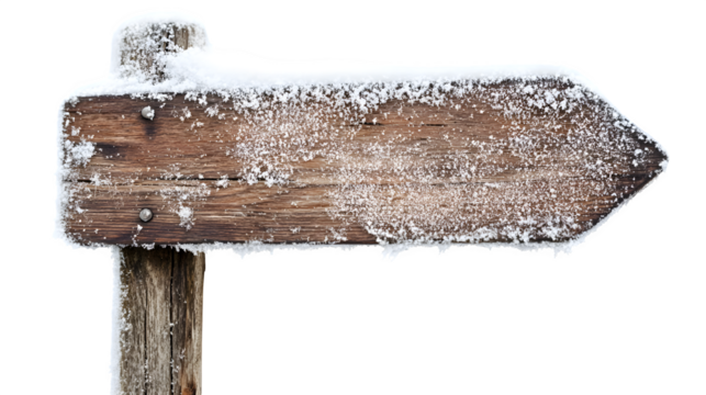 Wooden signpost in snow, frosty details, winter theme, - Powered by Adobe